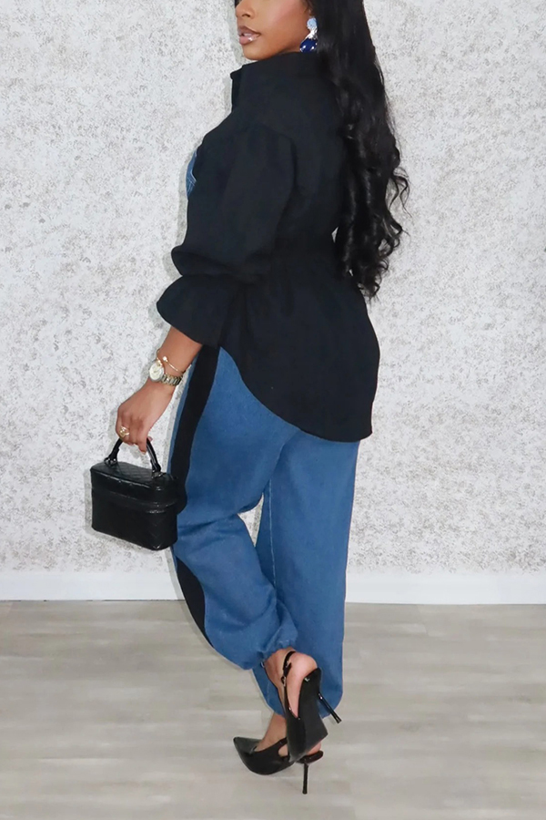 Stylish Denim Patchwork Colorblock Shirt