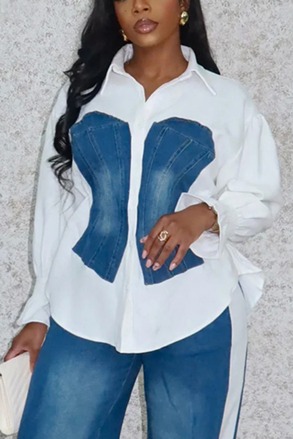 Stylish Denim Patchwork Colorblock Shirt