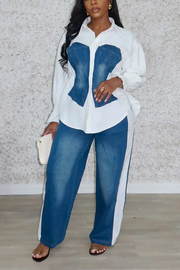Stylish Denim Patchwork Colorblock Shirt