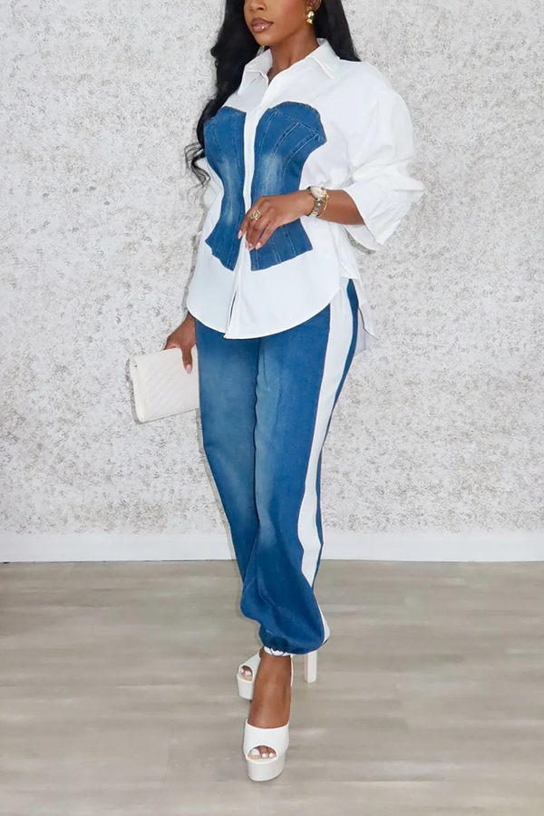 Stylish Denim Patchwork Colorblock Shirt