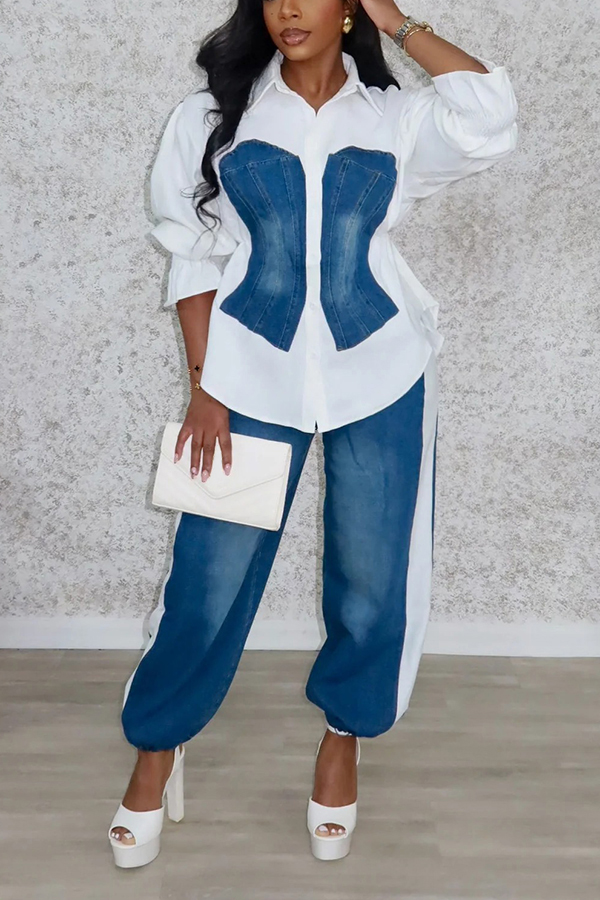 Stylish Denim Patchwork Colorblock Shirt