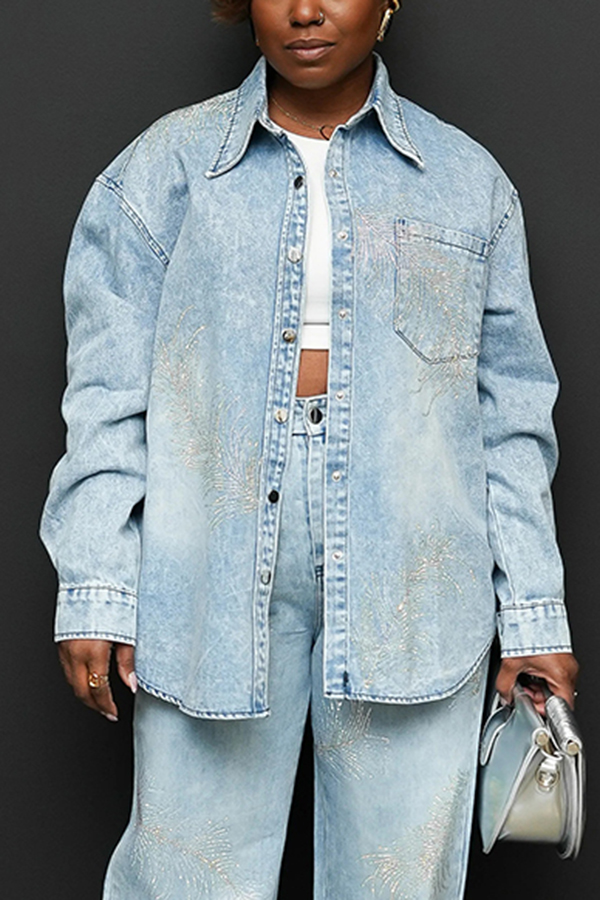 Stylish Leaf Rhinestone Denim Shirt