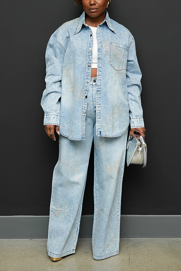Stylish Leaf Rhinestone Denim Shirt