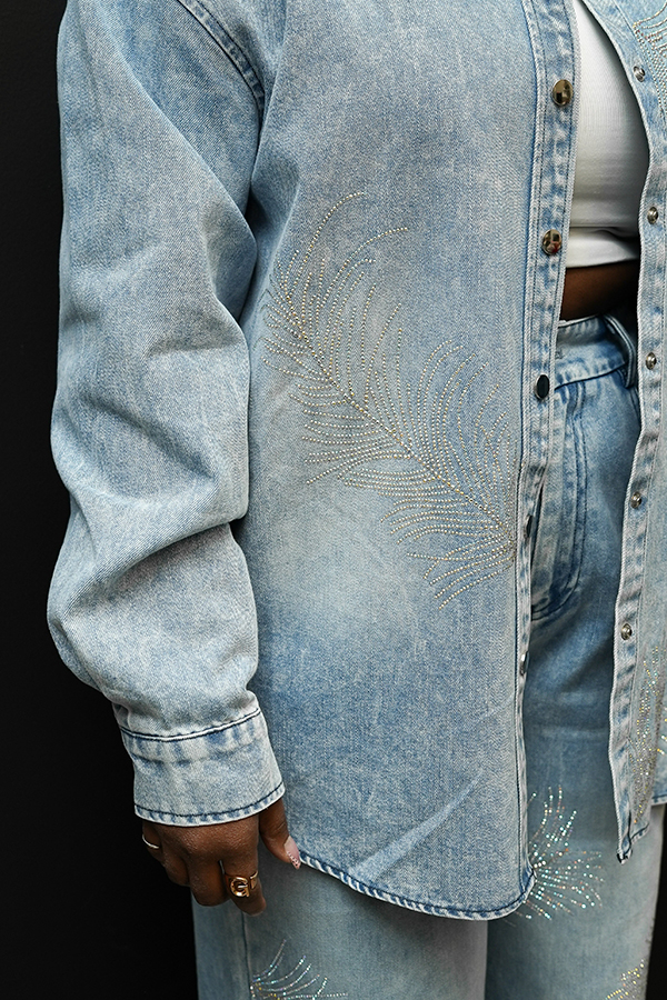 Stylish Leaf Rhinestone Denim Shirt