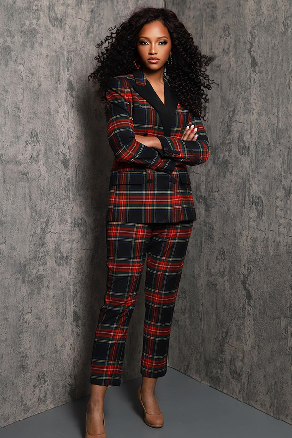 Chic Plaid Double Breasted Blazer & Pants Set