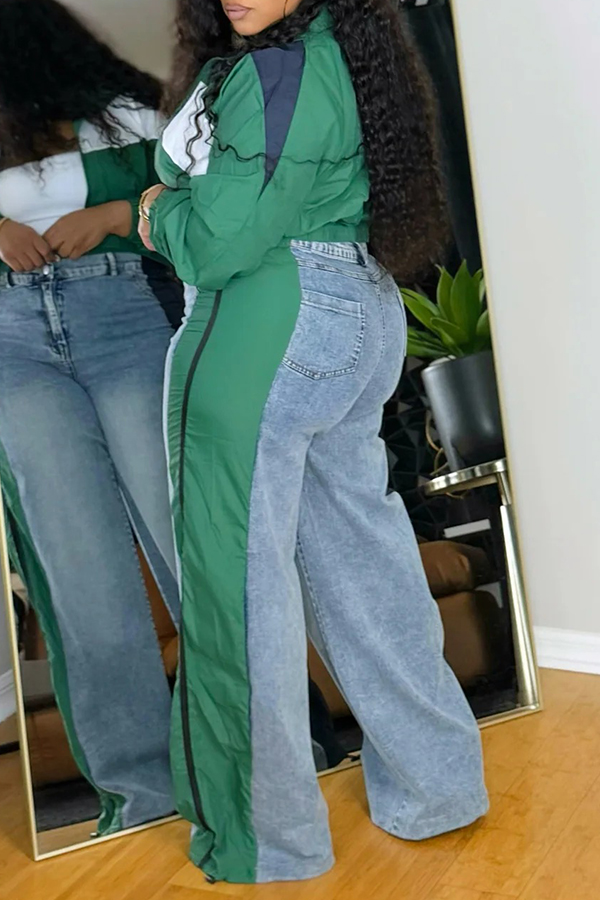 Stylish Colorblock Jacket & Wide Leg Patchwork Jeans Set