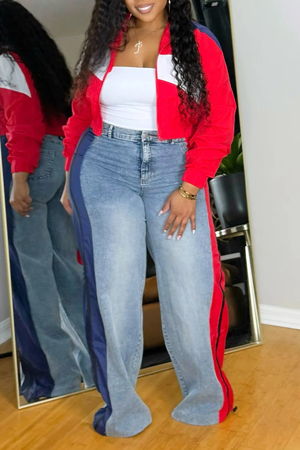 Stylish Colorblock Jacket & Wide Leg Patchwork Jeans Set