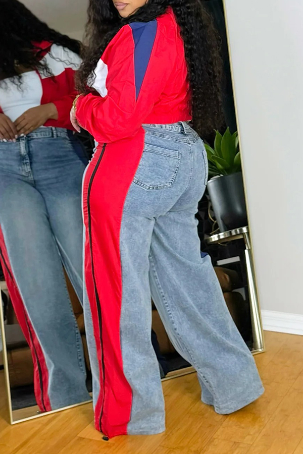 Stylish Colorblock Jacket & Wide Leg Patchwork Jeans Set