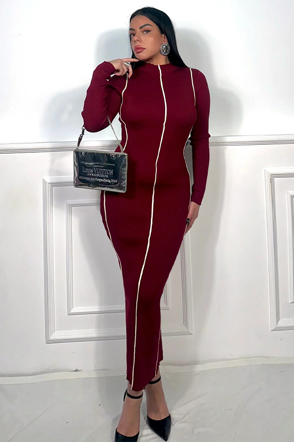Stylish Colorblock Piping Ribbed Knit Dress