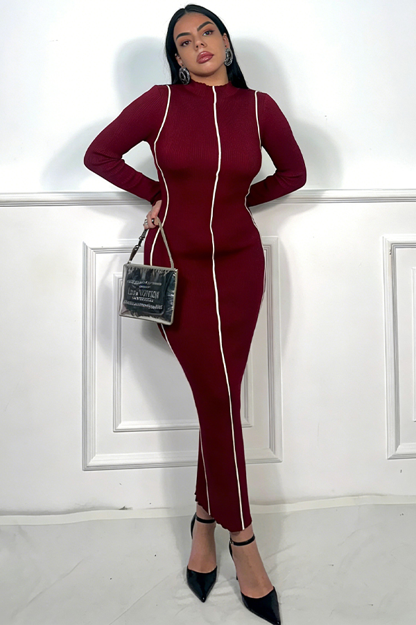 Stylish Colorblock Piping Ribbed Knit Dress