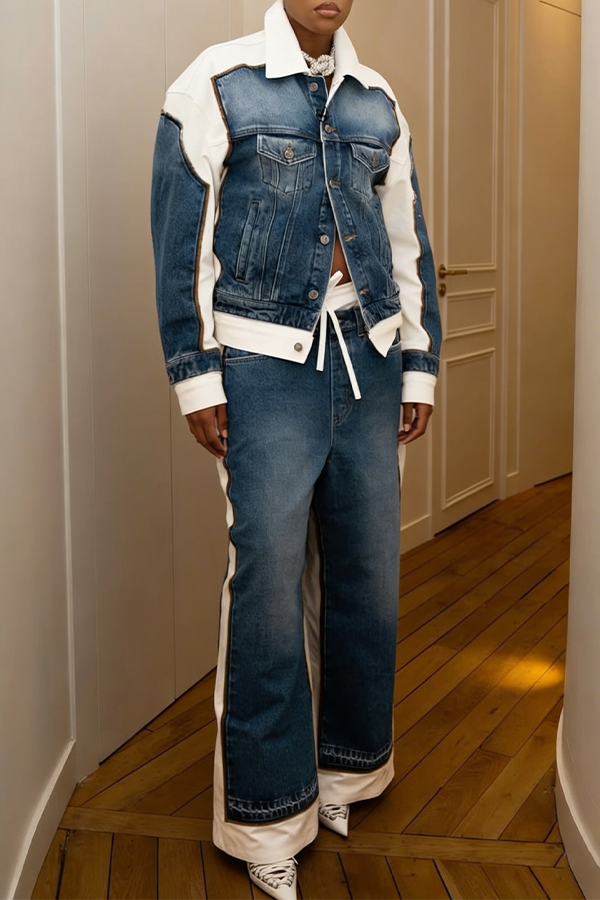 Stylish Denim Splicing Jacket & Pants Set