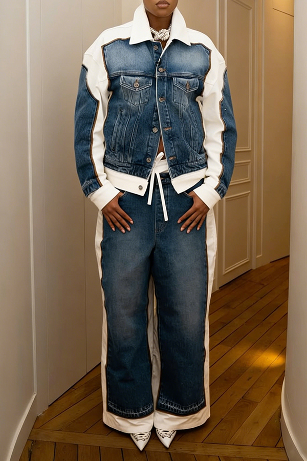 Stylish Denim Splicing Jacket & Pants Set