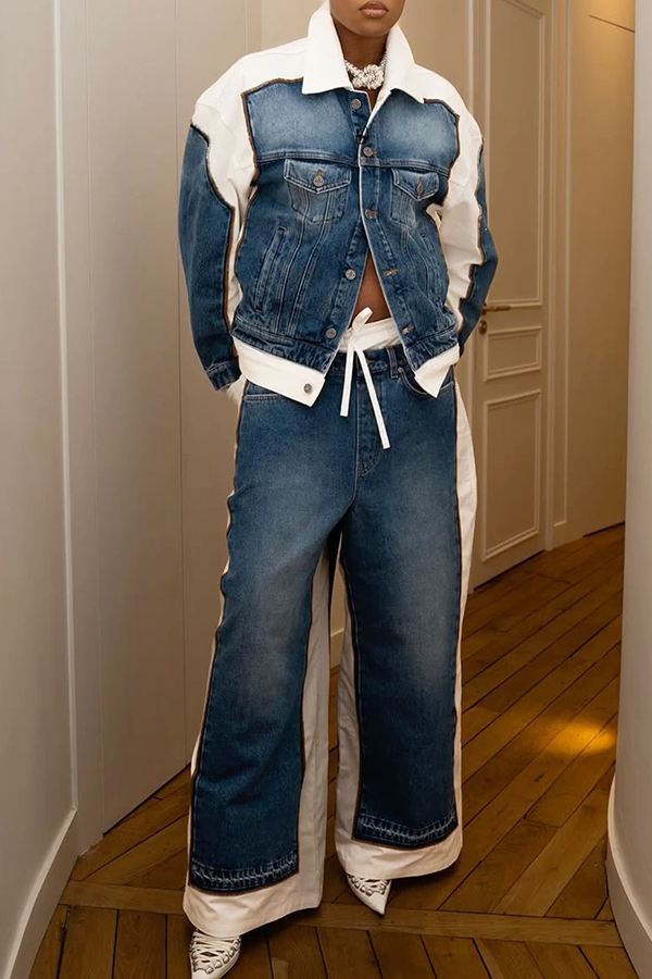 Stylish Denim Splicing Jacket & Pants Set