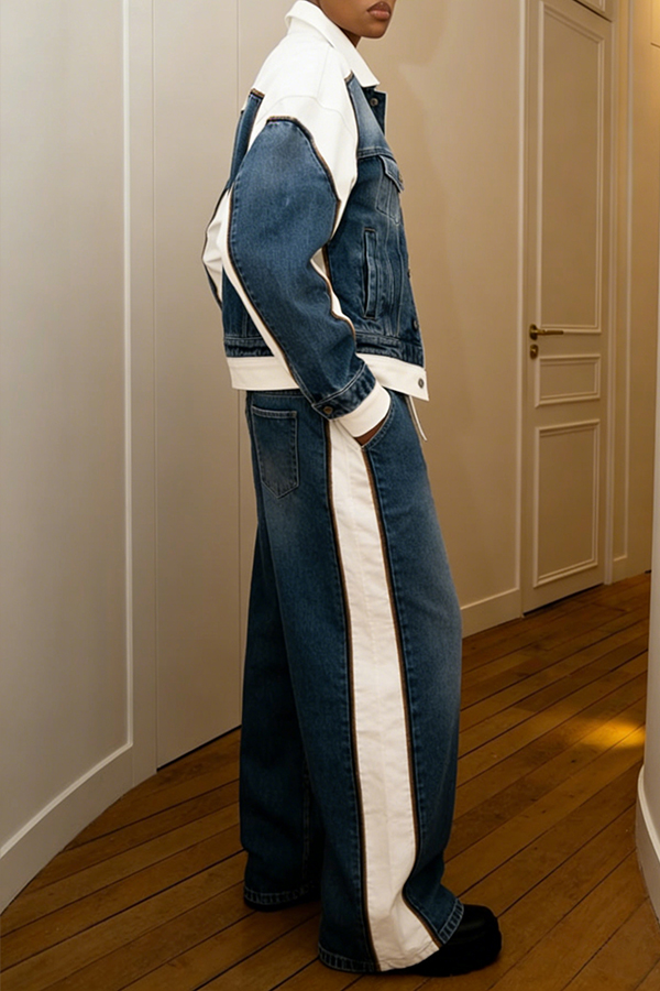 Stylish Denim Splicing Jacket & Pants Set