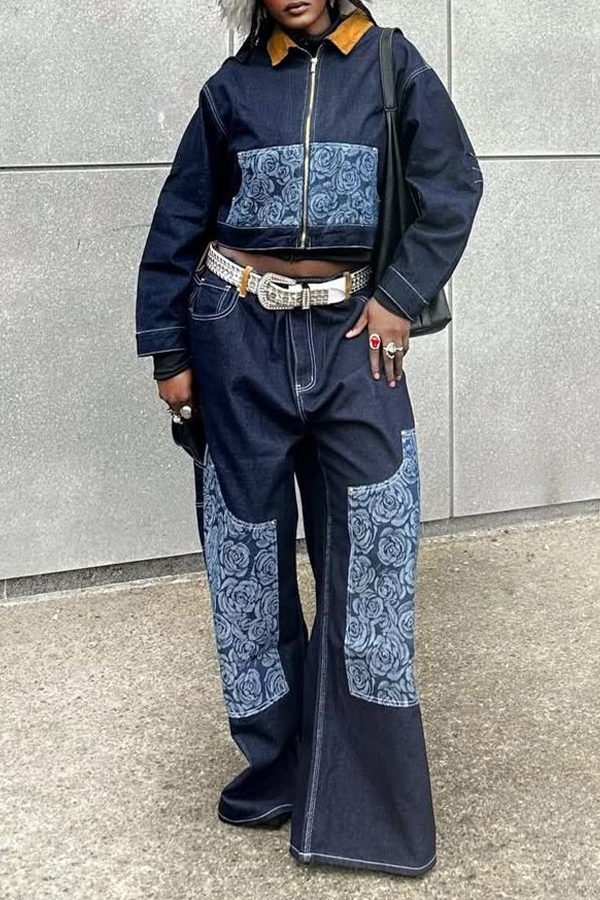 Stylish Floral Print Denim Jacket & Pants Set