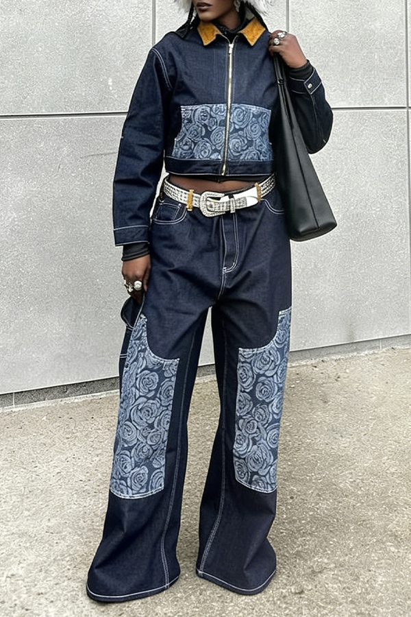 Stylish Floral Print Denim Jacket & Pants Set