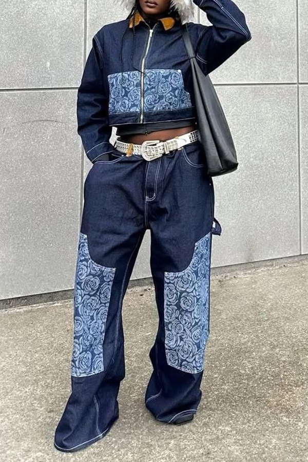 Stylish Floral Print Denim Jacket & Pants Set