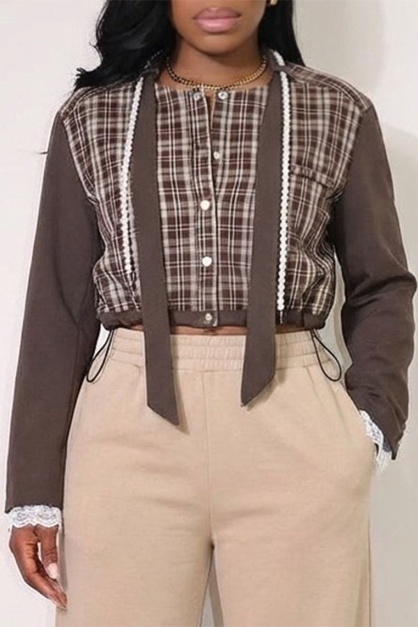 Stylish Pearl Trim Plaid Bomber