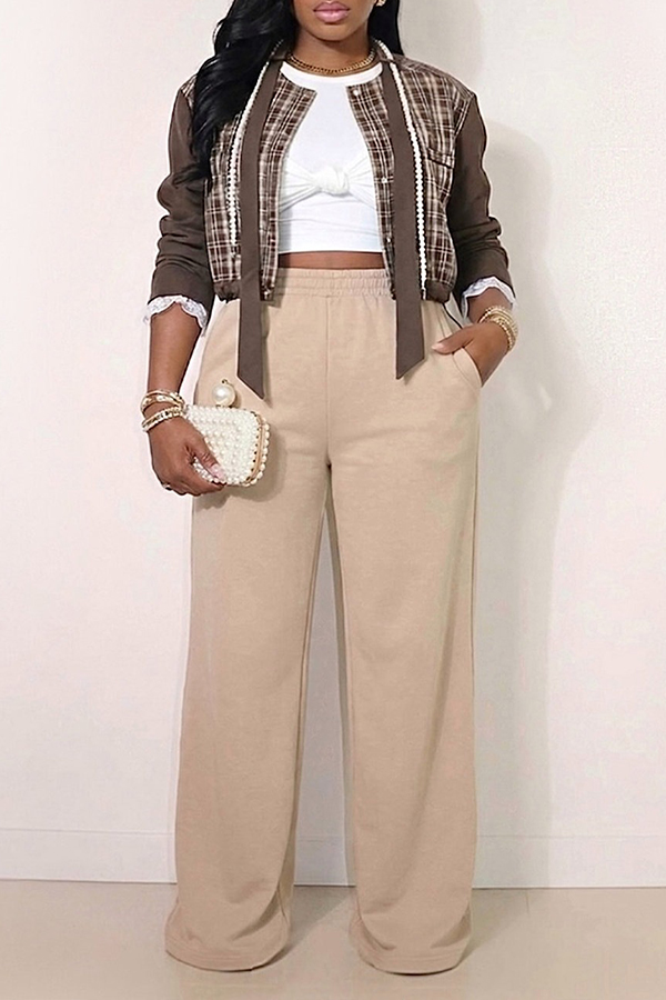 Stylish Pearl Trim Plaid Bomber