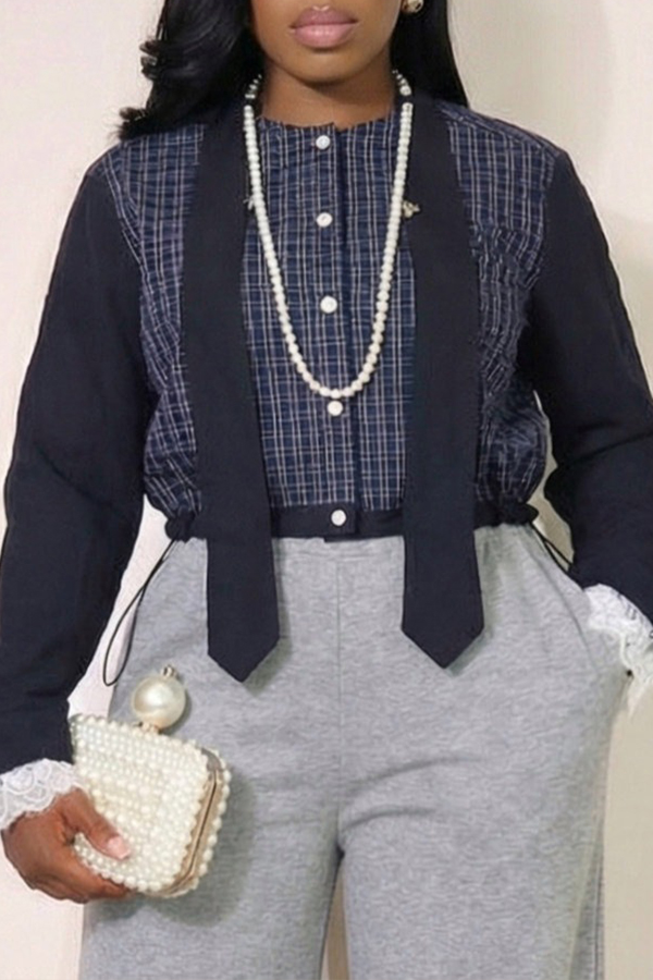 Stylish Pearl Trim Plaid Bomber