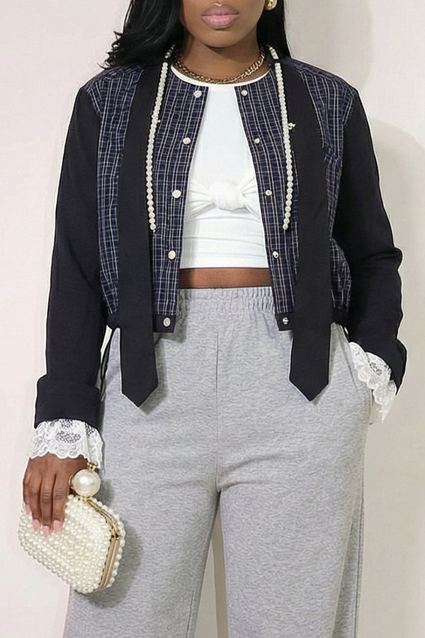 Stylish Pearl Trim Plaid Bomber