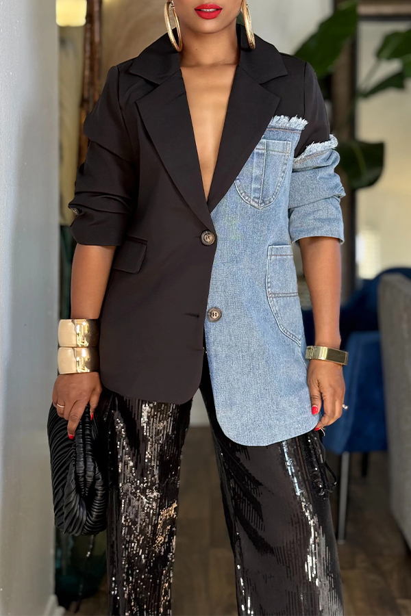 Stylish Notched Lapels Denim Splicing Blazer
