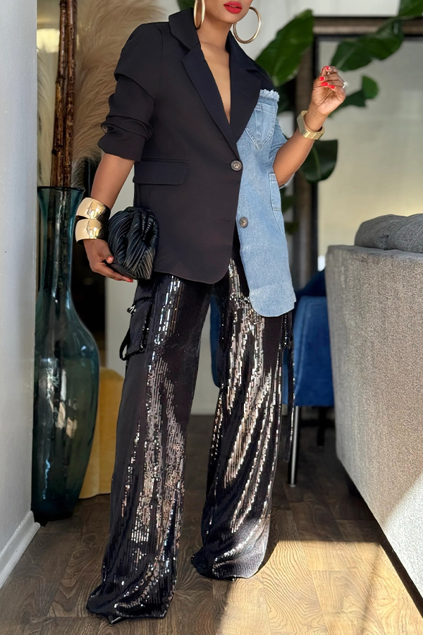 Stylish Notched Lapels Denim Splicing Blazer