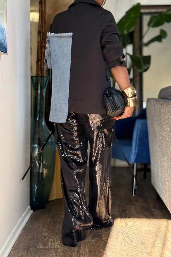 Stylish Notched Lapels Denim Splicing Blazer