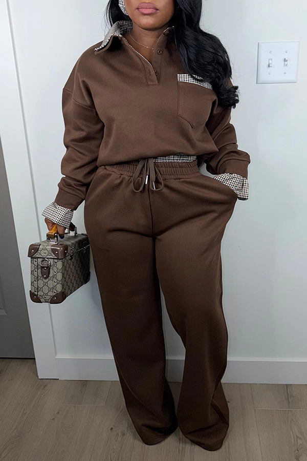 Casual Plaid Splicing Top & Pants Set