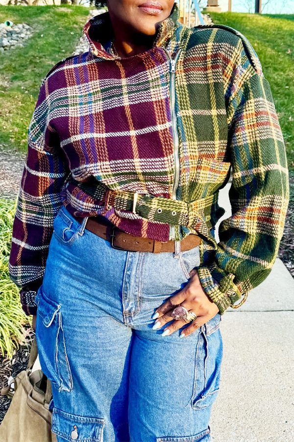 Stylish Color Blocked Plaid Belted Jacket