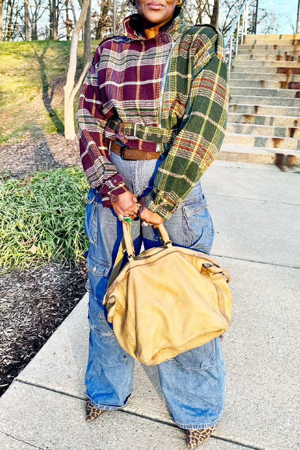 Stylish Color Blocked Plaid Belted Jacket