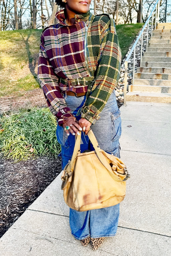 Stylish Color Blocked Plaid Belted Jacket