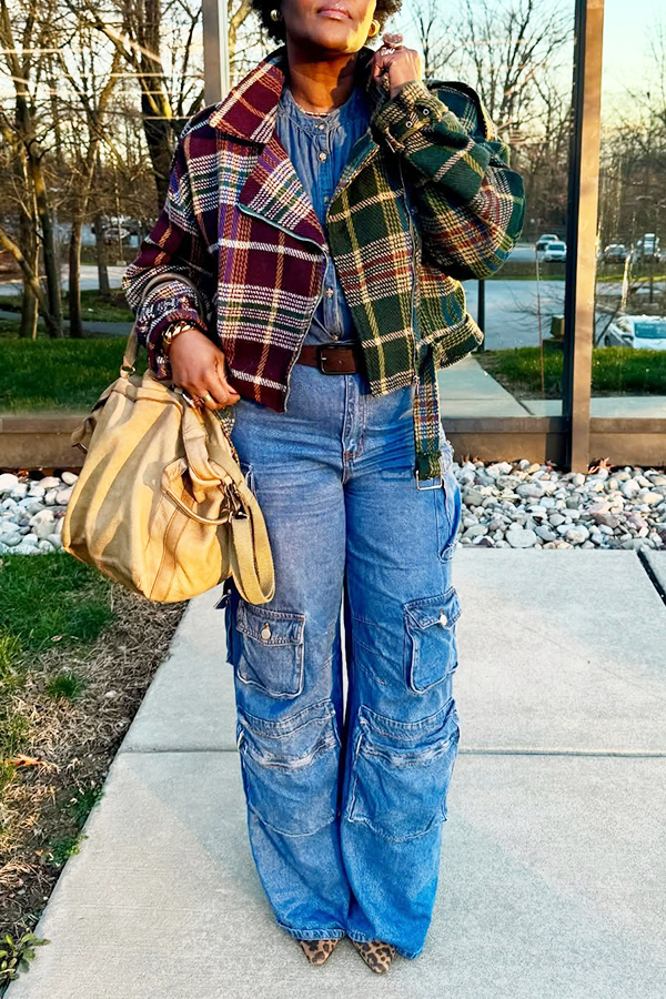 Stylish Color Blocked Plaid Belted Jacket