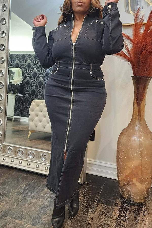 Stylish Long Zipper Denim Dress