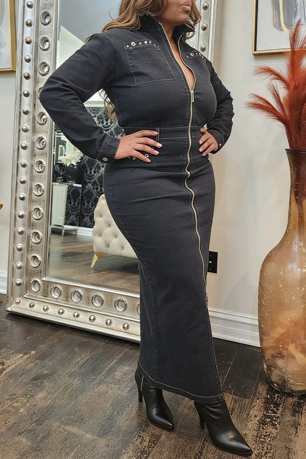 Stylish Long Zipper Denim Dress