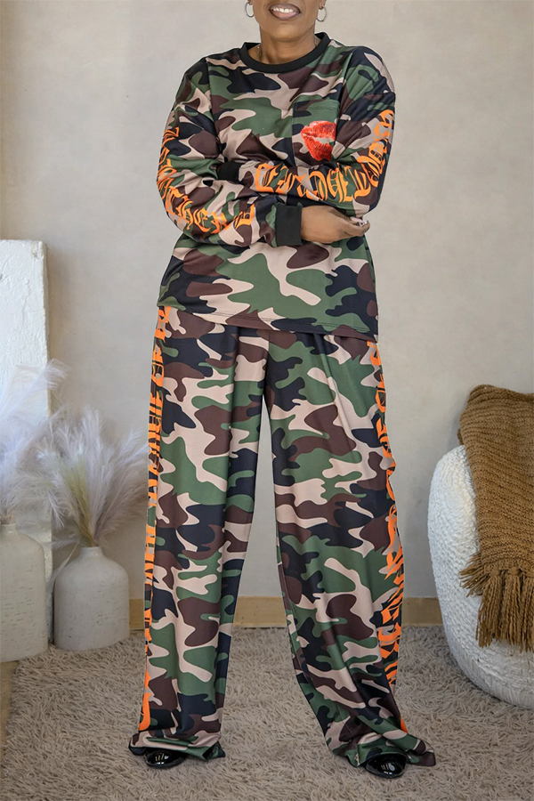 Casual Camo Print Top & Pants Set