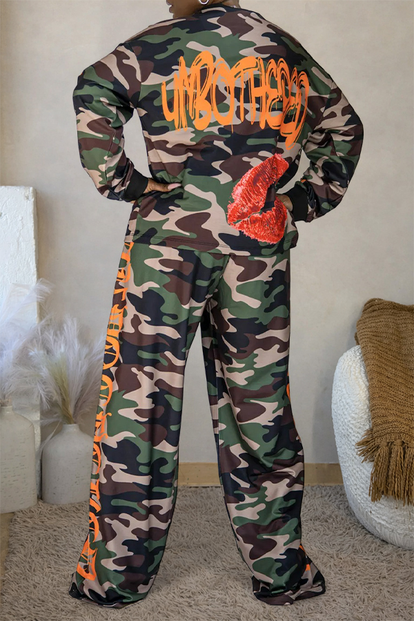 Casual Camo Print Top & Pants Set