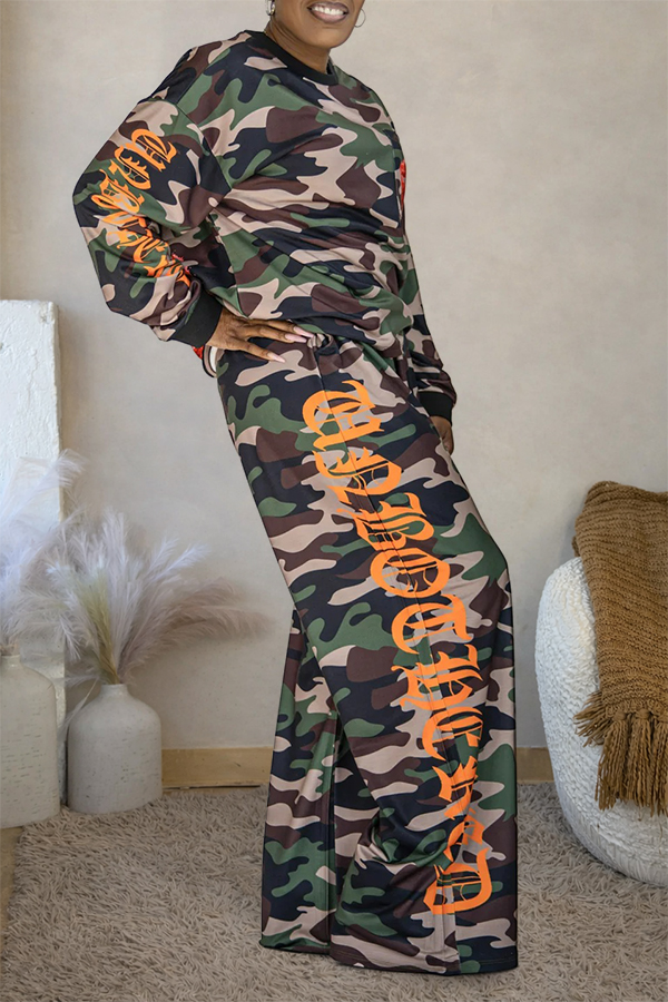 Casual Camo Print Top & Pants Set