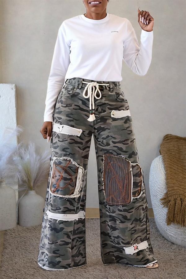 Stylish Floral Embroidery Camo Print Pants