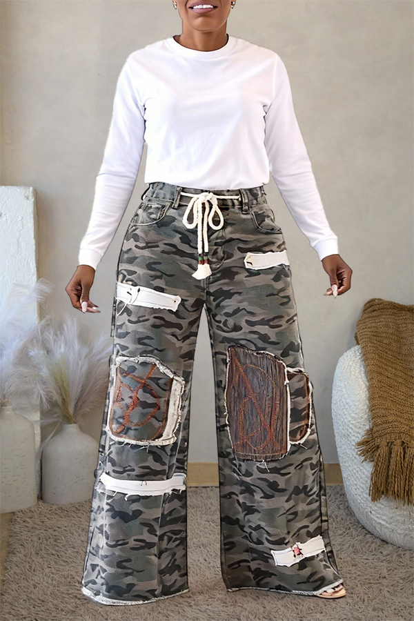 Stylish Floral Embroidery Camo Print Pants