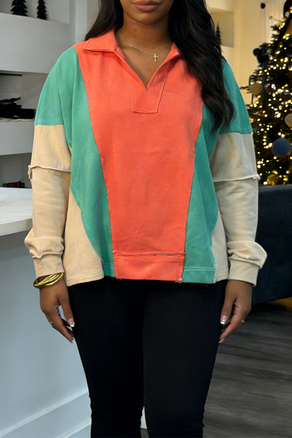 Casual V Collared Multicolor Pullover