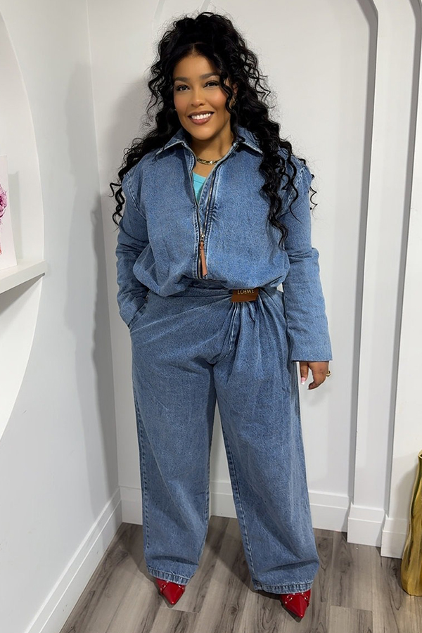 Stylish Denim Zip Up Jacket & Pleated Jeans Set