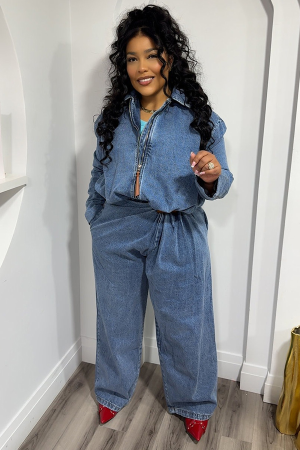 Stylish Denim Zip Up Jacket & Pleated Jeans Set