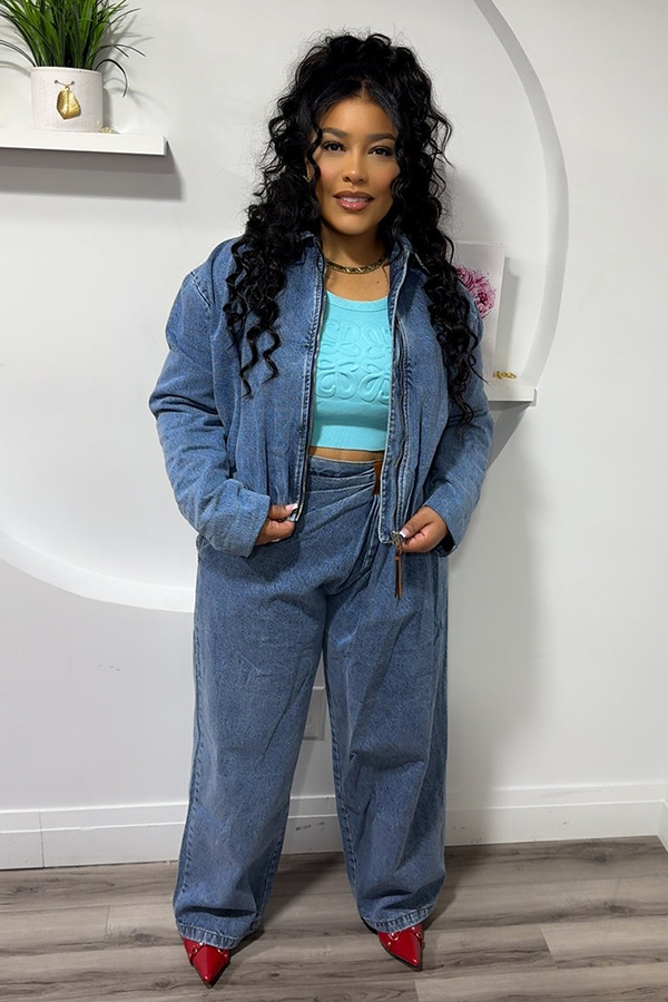Stylish Denim Zip Up Jacket & Pleated Jeans Set