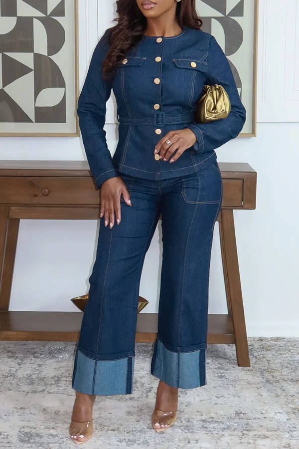 Chic Belted Denim Jacket & Pants Set