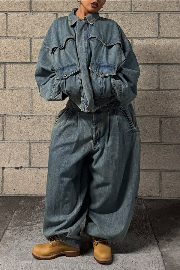 Stylish Pocket Denim Jacket & Wide Leg Jeans Set