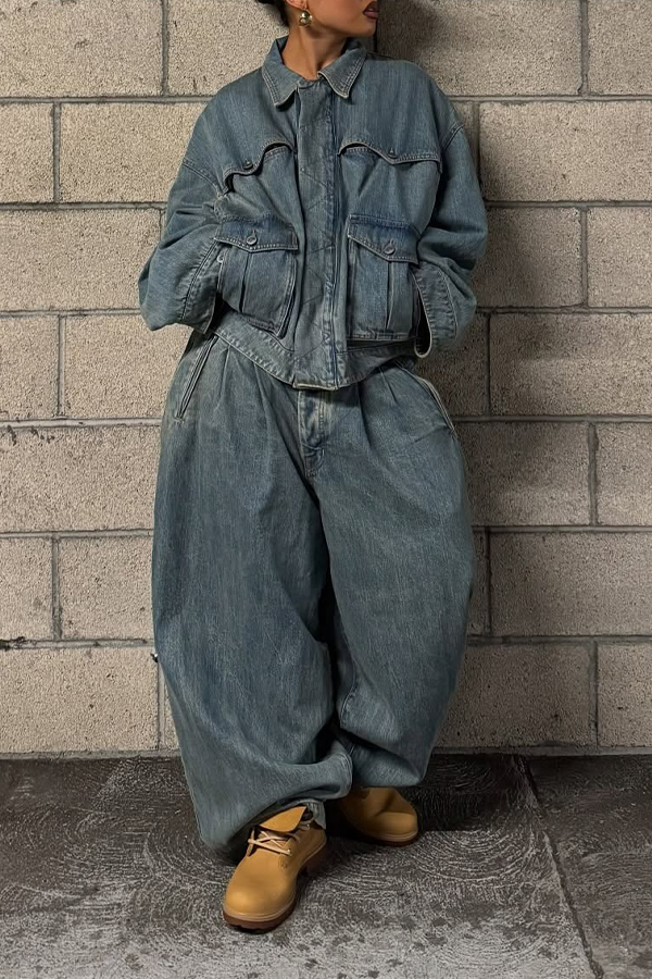 Stylish Pocket Denim Jacket & Wide Leg Jeans Set