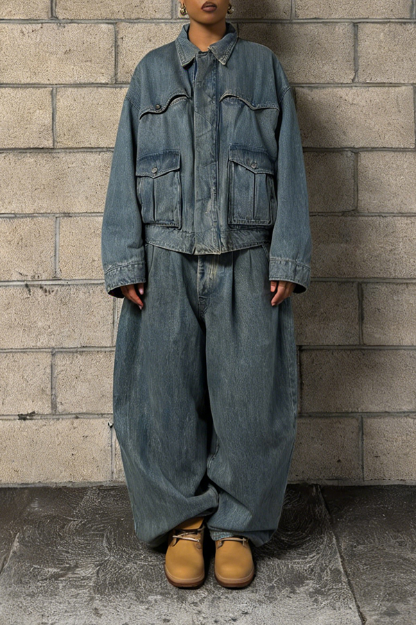 Stylish Pocket Denim Jacket & Wide Leg Jeans Set