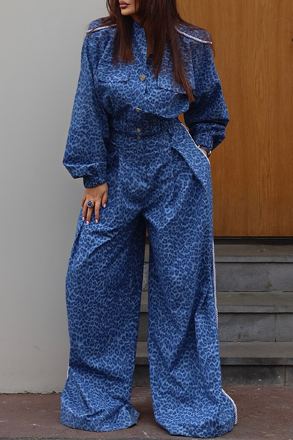 Stylish Leopard Print Denim Top & Wide Leg Pants Set