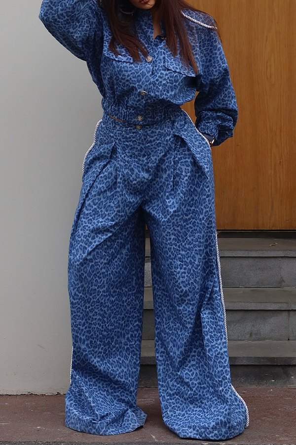 Stylish Leopard Print Denim Top & Wide Leg Pants Set